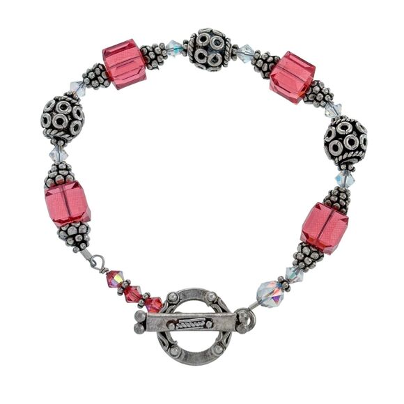 Vintage Sterling Silver 925 Pink Crystal Beaded Toggle Bracelet 7" - Picture 1 of 5